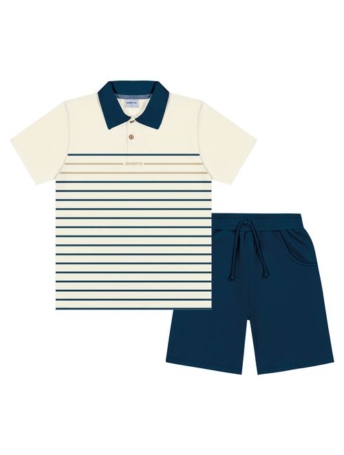 Conjunto Infantil Menino Camisa Polo Listrada E Bermuda Natural E Azul Divertto