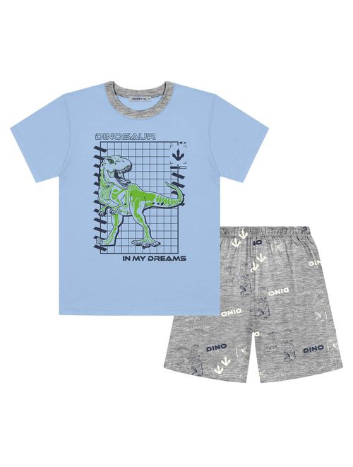 Pijama Infantil Menino Camiseta E Bermuda Dino Que Brilha No Escuro Azul E Mescla Divertto