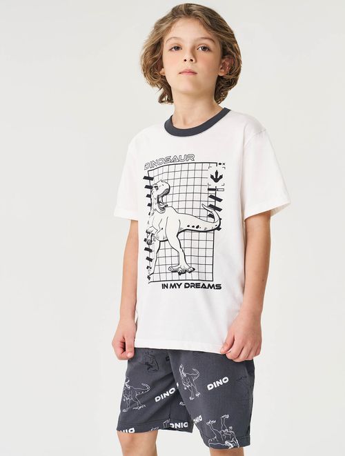 Pijama Infantil Menino Camiseta E Bermuda Dino Que Brilha No Escuro Azul E Mescla Divertto