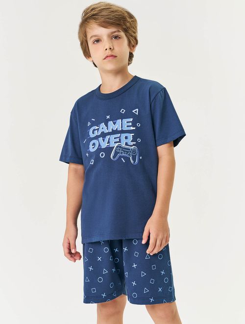 Pijama Infantil Menino Camiseta E Bermuda Game Over Azul Marinho Divertto