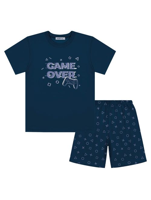 Pijama Infantil Menino Camiseta E Bermuda Game Over Azul Marinho Divertto