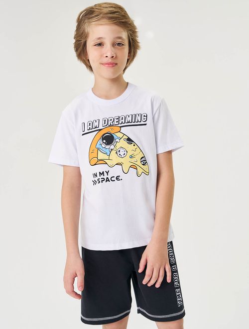 Pijama Infantil Menino Camiseta E Bermuda Pizza Branco E Preto Divertto