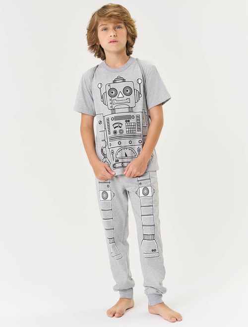 Pijama Infantil Menino Camiseta, Calça E Mochila Robô Que Brilha No Escuro Mescla Divertto