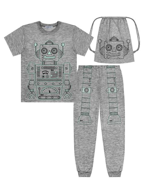 Pijama Infantil Menino Camiseta, Calça E Mochila Robô Que Brilha No Escuro Mescla Divertto