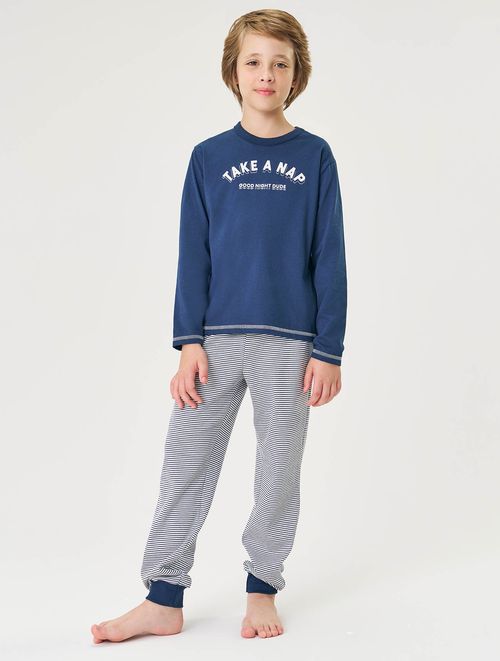 Pijama Infantil Menino Camiseta E Calça Take A Nap Azul Marinho Divertto