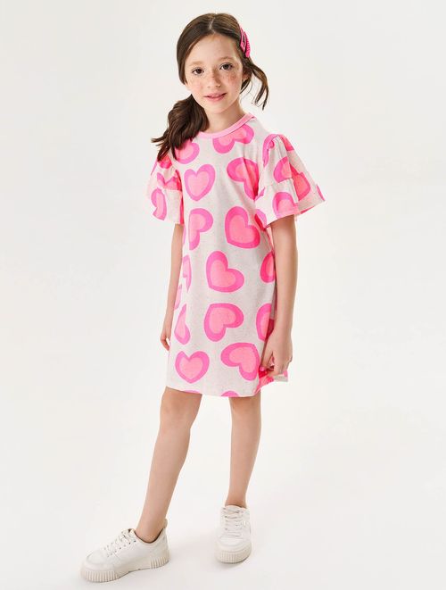 Vestido Infantil Menina Corações Laranja Neon Cinti