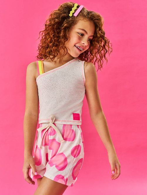 Conjunto Infantil Menina Blusa E Short Corações Off White E Laranja Neon Cinti