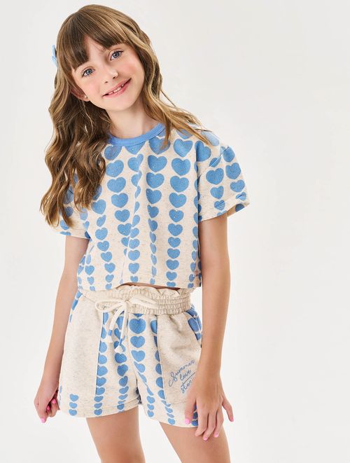 Conjunto Infantil Menina Blusa Cropped E Short Corações Rosa Cinti