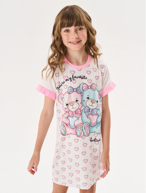 Pijama Infantil Menina Camisola Ursinho Off White E Lilás Cinti