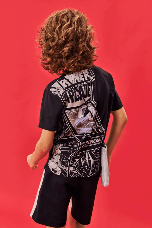 Conjunto Infantil Menino Play Camiseta e Bermuda Estampa Costas Preto e Cinza Catavento