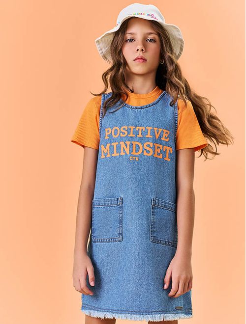 Conjunto Infantil Menina Blusa E Salopete Positive Jeans E Laranja Catavento