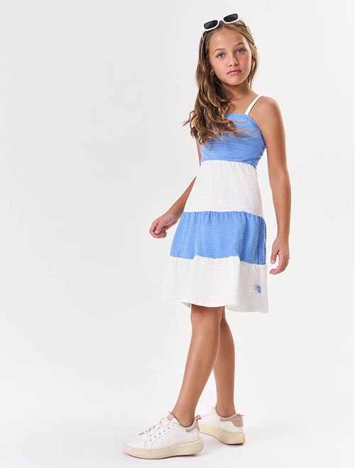 Vestido Infantil Menina Listrado Azul E Natural Catavento