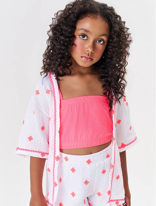 Conjunto Infantil Menina Kimono, Top E Short Branco E Rosa Neon Catavento