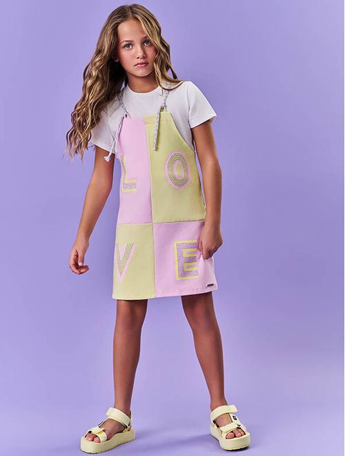 Conjunto Infantil Menina Blusa E Salopete Love Lilás E Amarelo Catavento