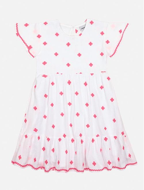 Vestido Infantil Menina Bordado Branco E Rosa Neon Catavento