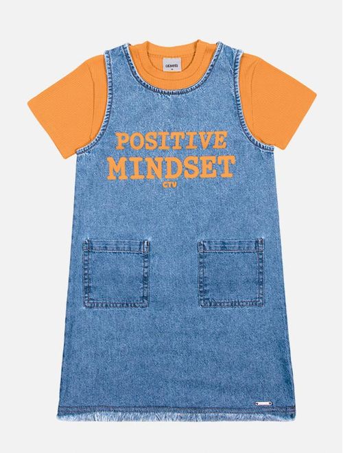 Conjunto Infantil Menina Blusa E Salopete Positive Jeans E Laranja Catavento