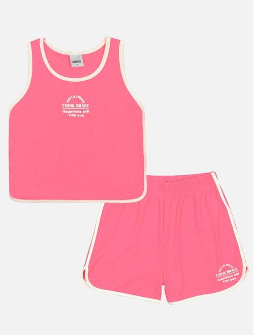 Conjunto Infantil Menina Blusa Think Brave E Short Rosa Neon Catavento