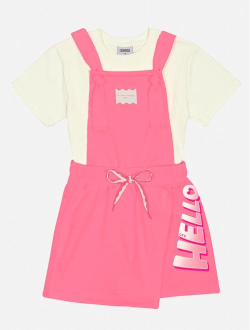 Conjunto Infantil Menina Blusa E Salopete Hello Rosa Neon Catavento