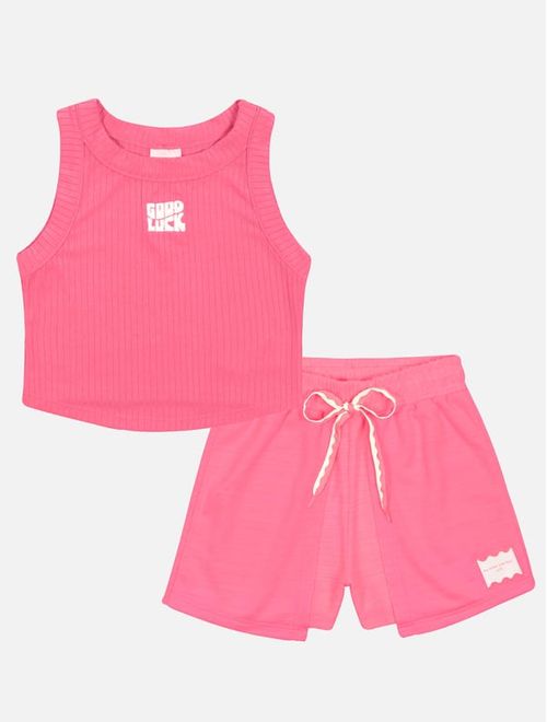 Conjunto Infantil Menina Blusa Good Luck E Short Rosa Neon Catavento