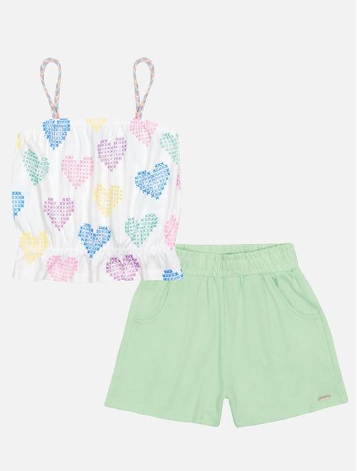 Conjunto Infantil Menina Blusa Corações E Short Verde Catavento