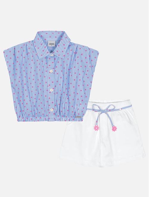 Conjunto Infantil Menina Camisa Listrada E Short-Saia Azul Catavento