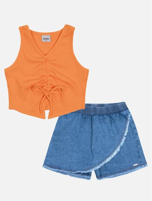 Conjunto Infantil Menina Blusa E Short-Saia Laranja E Jeans Catavento