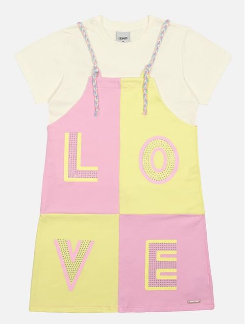 Conjunto Infantil Menina Blusa E Salopete Love Lilás E Amarelo Catavento