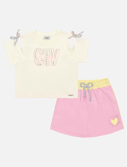 Conjunto Infantil Menina Blusa E Short-Saia Natural E Lilás Catavento