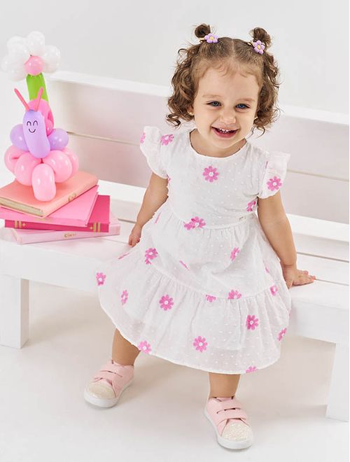 Vestido Bebê Menina Com Bordado De Flores Branco Mundo Cinti