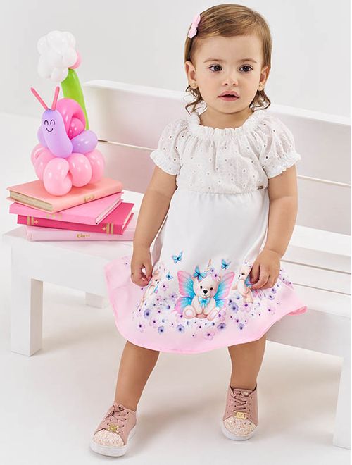 Vestido Bebê Menina Borboleta Ursinha Off White Mundo Cinti