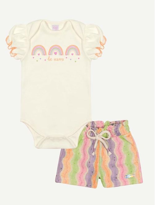 Conjunto Bebê Menina Body E Short Arco-Íris Natural E Laranja Neon Mundo Cinti