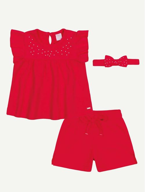 Conjunto Bebê Menina Bata, Short E Faixa De Cabelo Vermelho Mundo Cinti