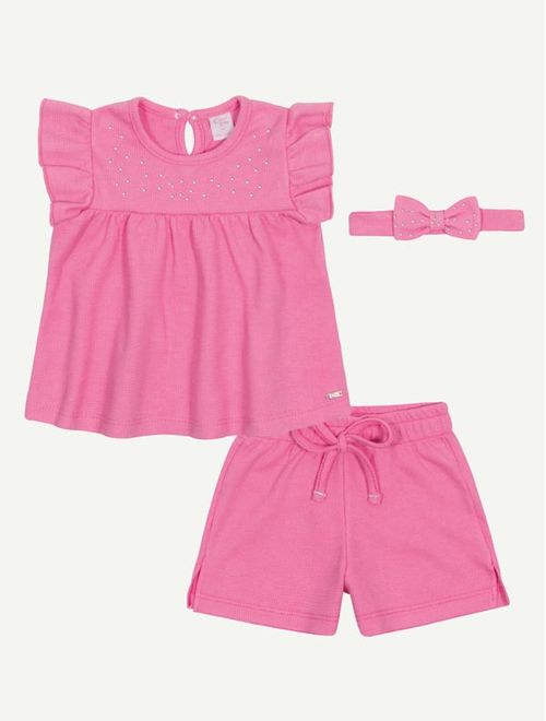 Conjunto Bebê Menina Bata, Short E Faixa De Cabelo Rosa Mundo Cinti