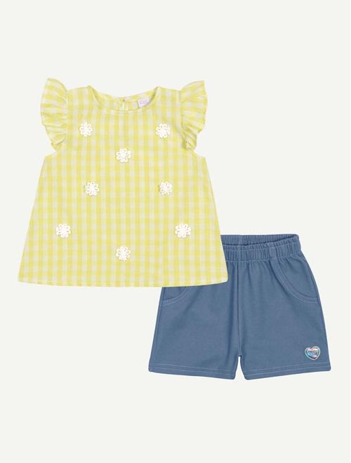 Conjunto Bebê Menina Bata Com Aplique De Flor E Short Verde Mundo Cinti