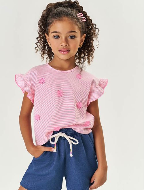 Blusa Infantil Menina Com Aplique De Flores Rosa Mundo Cinti