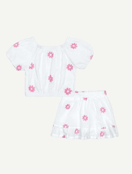 Conjunto Bebê Menina Blusa E Saia-Short Com Bordado Flor Branco Mundo Cinti