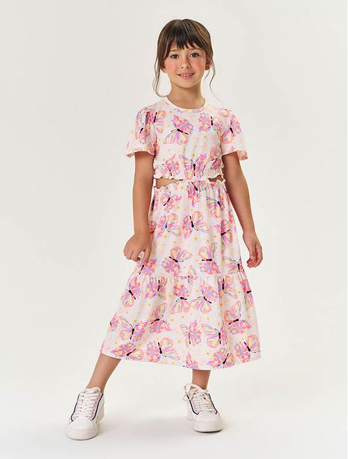 Vestido Midi Infantil Menina Borboletas Laranja Neon Mundo Cinti