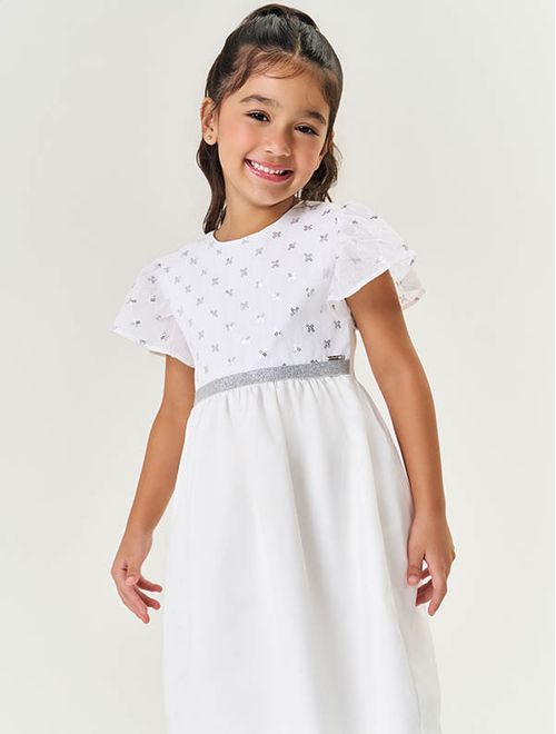 Vestido Infantil Menina Bordado Paetê Off White Mundo Cinti