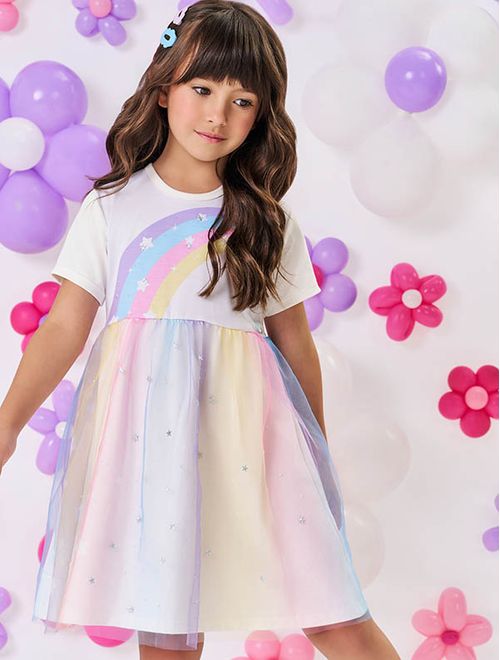 Vestido Infantil Menina Arco-Íris Tule Natural Mundo Cinti