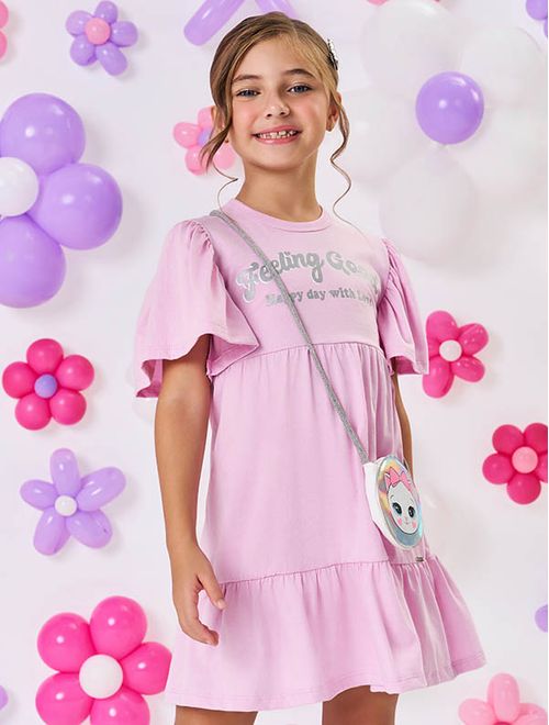 Vestido Infantil Menina Feeling Good Com Bolsa Gatinha Lilás Mundo Cinti