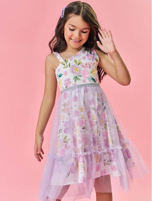 Vestido Infantil Menina Floral Com Tule Lilás Mundo Cinti