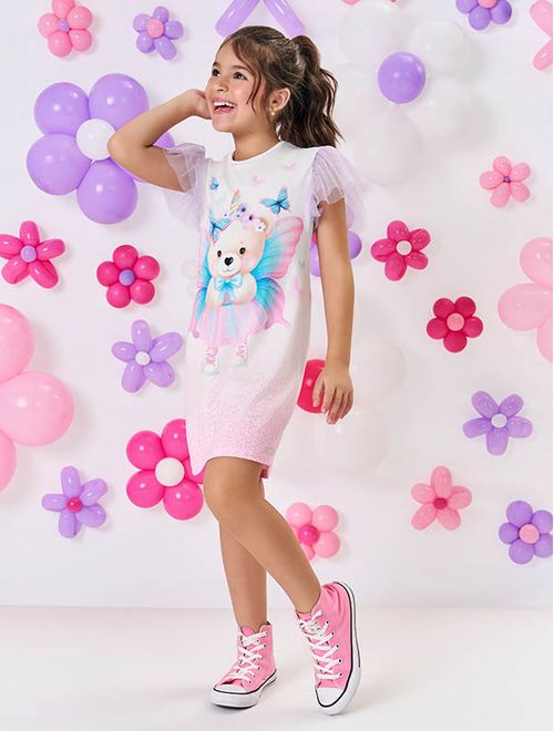 Vestido Infantil Menina Ursinho Borboleta Rosa Mundo Cinti