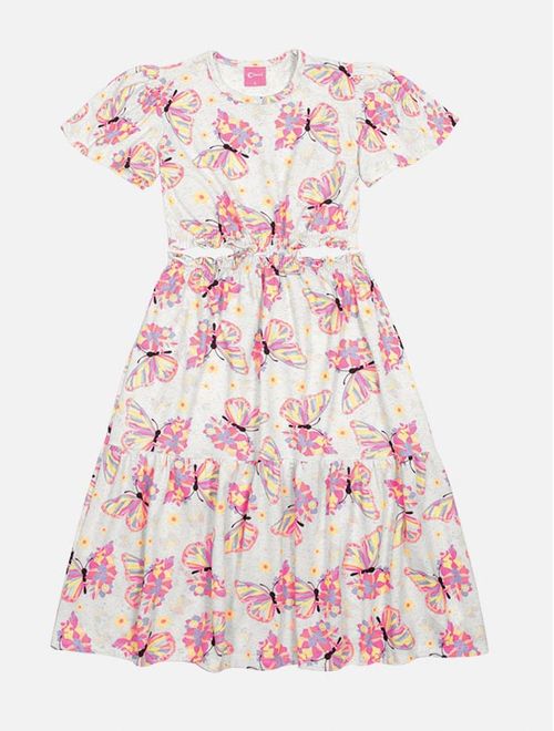 Vestido Midi Infantil Menina Borboletas Laranja Neon Mundo Cinti