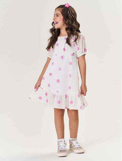 Vestido Infantil Menina Bordado Flor Branco Mundo Cinti