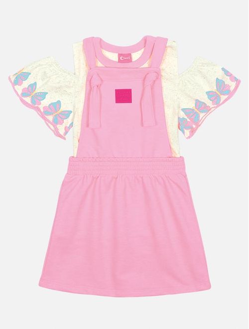 Conjunto Infantil Menina Blusa Borboletas E Salopete Rosa Mundo Cinti