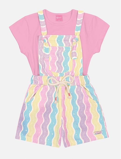 Conjunto Infantil Menina Blusa E Jardineira Arco-Íris Rosa Mundo Cinti