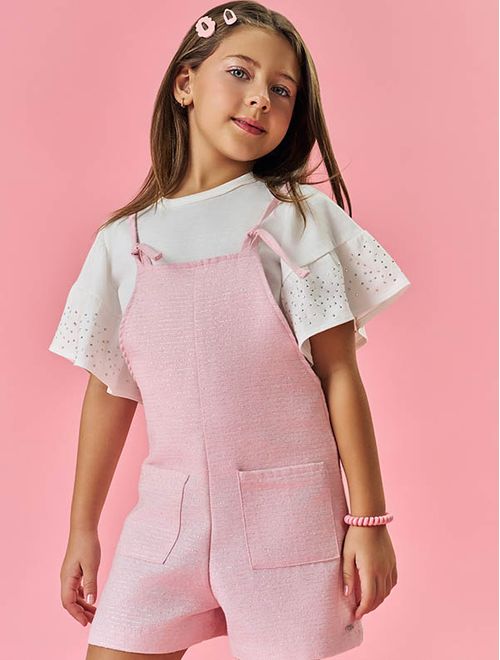 Conjunto Infantil Menina Blusa E Jardineira Sarja Rosa Mundo Cinti