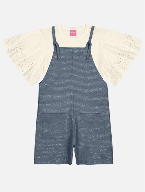 Conjunto Infantil Menina Blusa E Jardineira Sarja Azul Jeans Médio Mundo Cinti