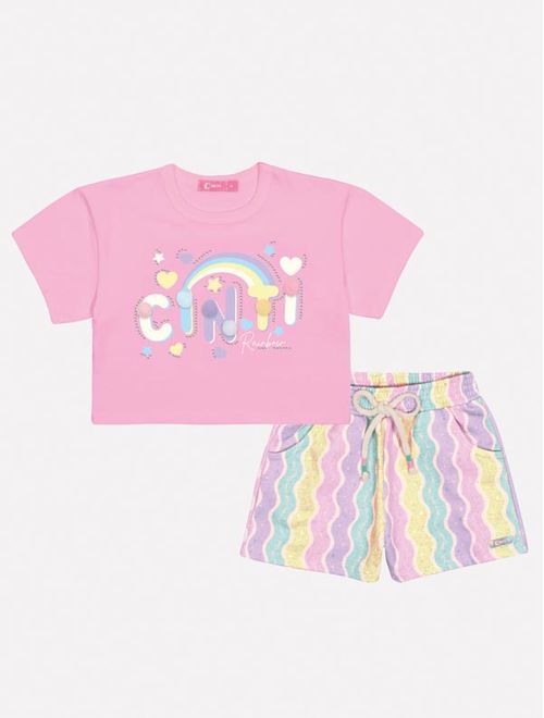 Conjunto Infantil Menina Blusa E Short Arco-Íris Rosa E Lilás Mundo Cinti