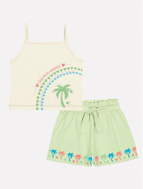 Conjunto Infantil Menina Blusa E Short Coqueiros Verde Mundo Cinti